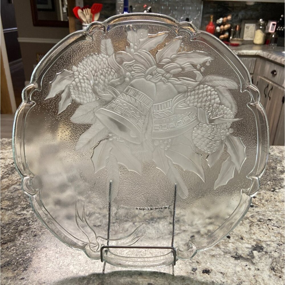 Vintage Christmas Glass Platter Frosted Holiday Bells Pinecone Holly Scalloped